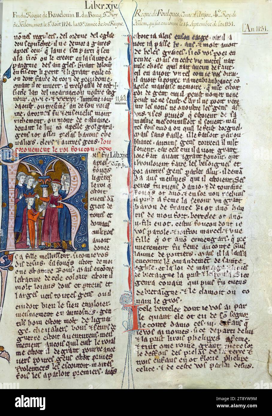 William of Tyre's Histoire d'Outre Mer, Initial 'R' with the coronation of King Fulk, This manuscript, completed in the later part of the thirteenth century, contains William of Tyre's Estoire d'Eracles (to 1229), Les Faits des Romains (continuation, Tiberius to Julian), and a letter of Prester John. While the origin of the manuscript is debatable between Acre and Paris, Jaroslav Folda suggests a strong connection with Epinal 45, a manuscript known to have been created in Paris during this same time Stock Photo