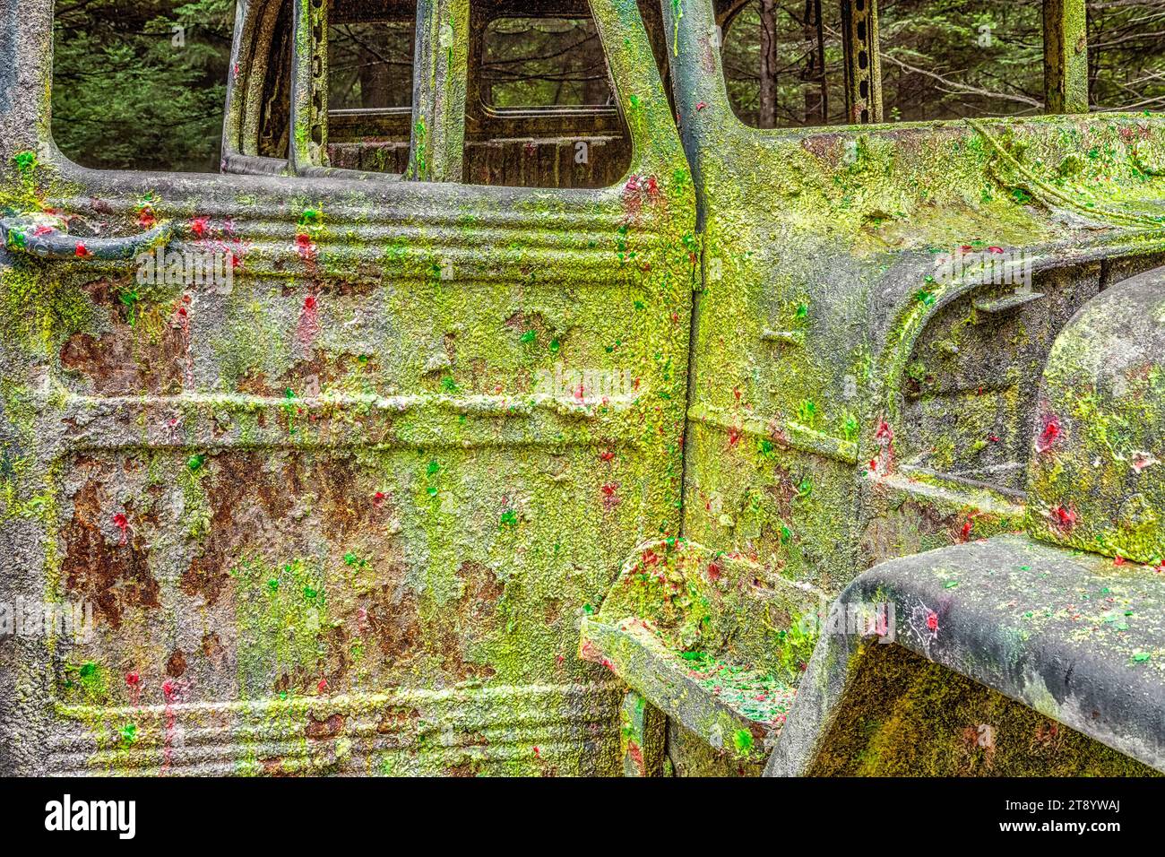 Paint covered car on paintball field, Oregon Stock Photo
