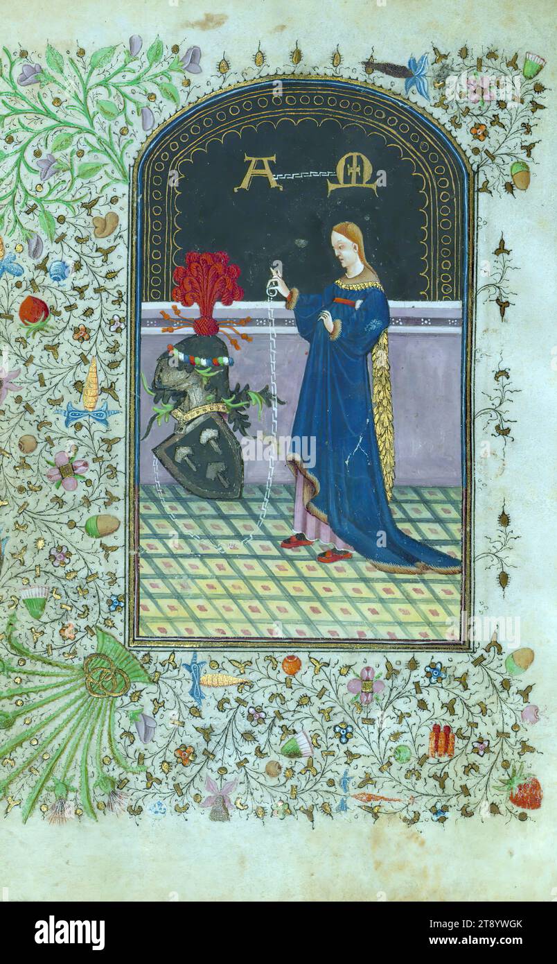 Book of Hours, Woman holding a white chain attached to a coat of arms on the ground, This Book of Hours of ca. 1430-45 was illuminated by the followers of the Masters of the Gold Scrolls under North Netherlandish influence, suggesting an origin in Bruges. The manuscript, which is partially misbound, is decorated with thirteen extant miniatures (ten full-page, inserted), three historiated initials, and drolleries. In addition to a diverse collection of South Netherlandish, North French, and occasional English saints, this manuscript also features suffrages Stock Photo