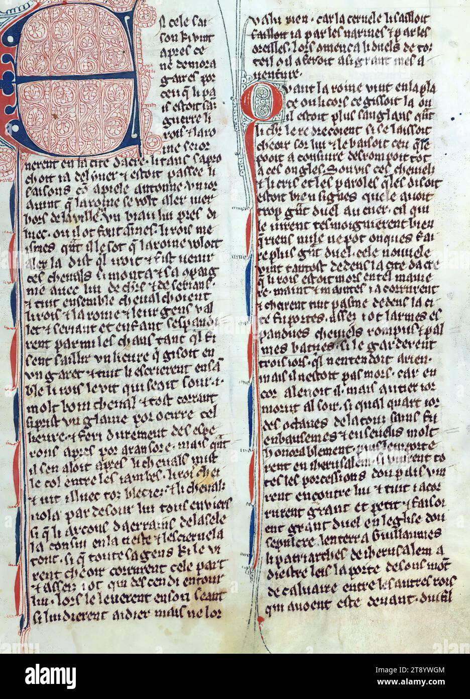William of Tyre's Histoire d'Outre Mer, Initial 'N' with two laymen crowning King Baldwin, This manuscript, completed in the later part of the thirteenth century, contains William of Tyre's Estoire d'Eracles (to 1229), Les Faits des Romains (continuation, Tiberius to Julian), and a letter of Prester John. While the origin of the manuscript is debatable between Acre and Paris, Jaroslav Folda suggests a strong connection with Epinal 45, a manuscript known to have been created in Paris during this same time Stock Photo