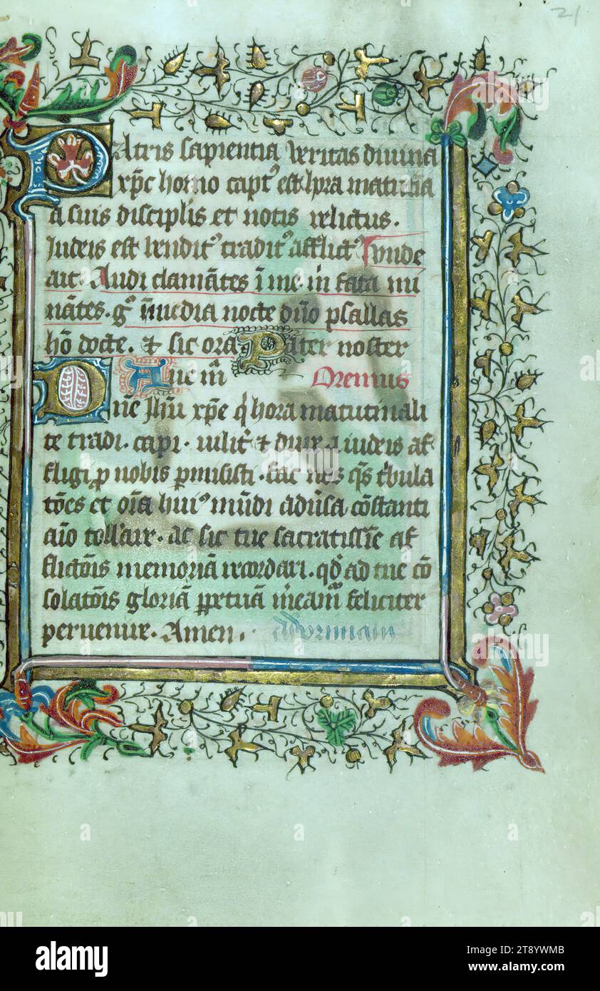 Book of Hours (Cistercian), Marginalia, This Book of Hours was created ca. 1440 in Hainaut for a female patron with Cistercian connections, which is suggested by long devotional sequences focused on the Passion of Christ and the Virgin, including indulgences, a litany with Cistercian affiliation, and various references to a female suppliant. Two devotional texts written by various scribes in Latin and French were added to the front and back of the book ca. 1450-1600 Stock Photo