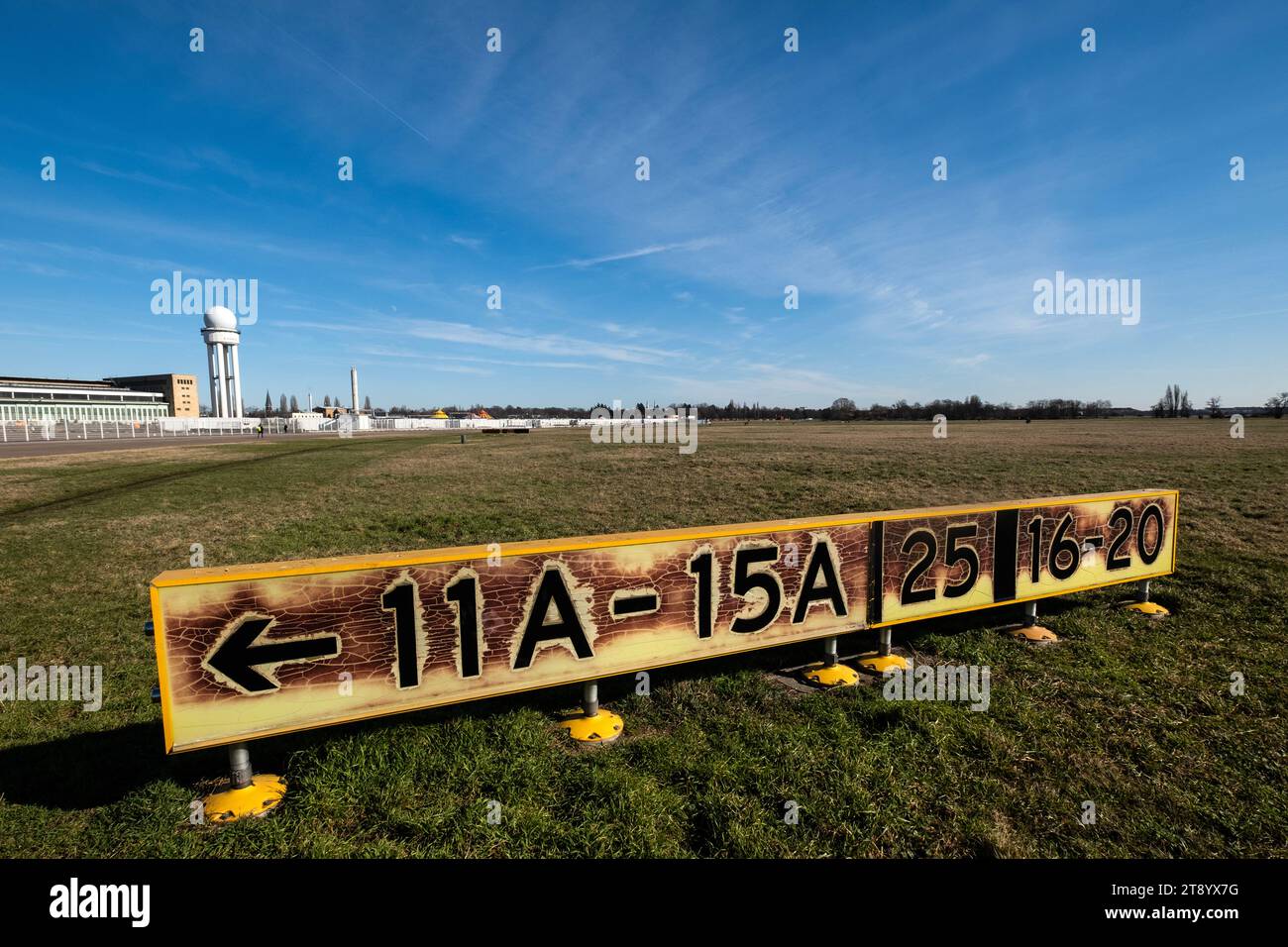 Old and deteriorating airfield signage at the disused Berlin Tempelhof airport in Berlin, Germany Stock Photo