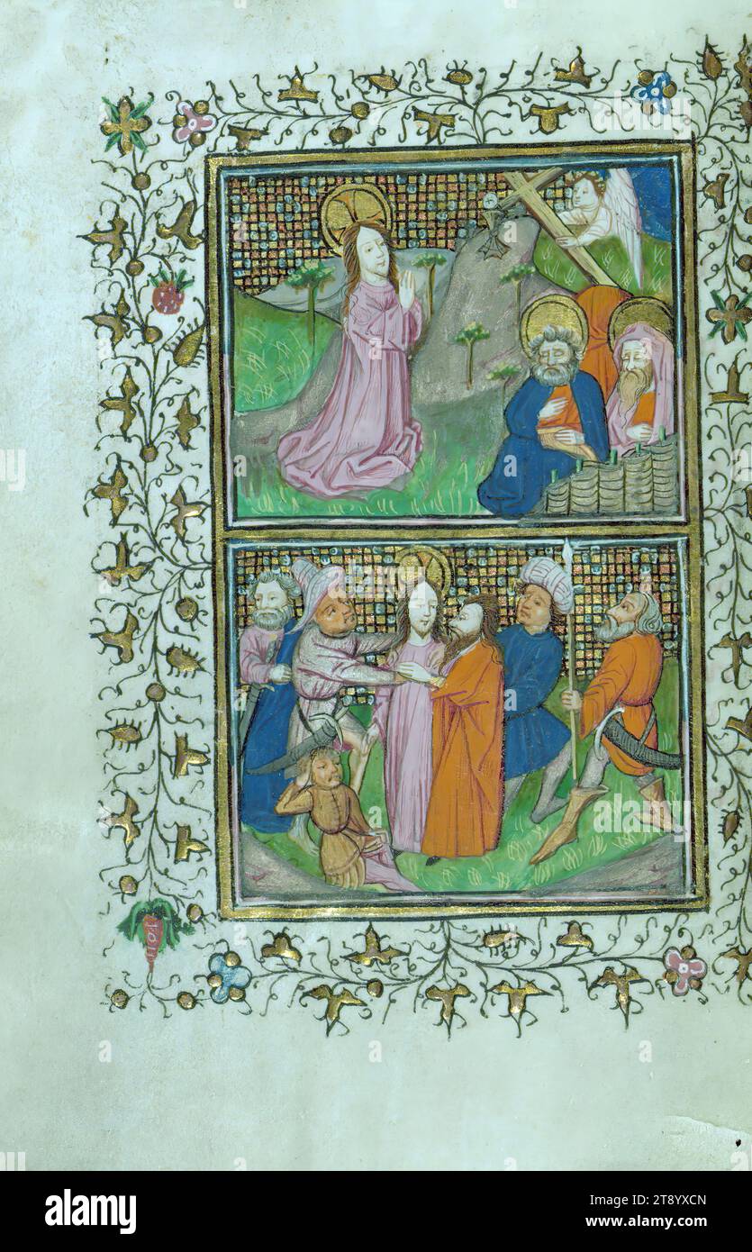 Book of Hours (Cistercian), Top: Agony in the Garden; Bottom: Betrayal and Arrest, This Book of Hours was created ca. 1440 in Hainaut for a female patron with Cistercian connections, which is suggested by long devotional sequences focused on the Passion of Christ and the Virgin, including indulgences, a litany with Cistercian affiliation, and various references to a female suppliant. Two devotional texts written by various scribes in Latin and French were added to the front and back of the book ca. 1450-1600 Stock Photo