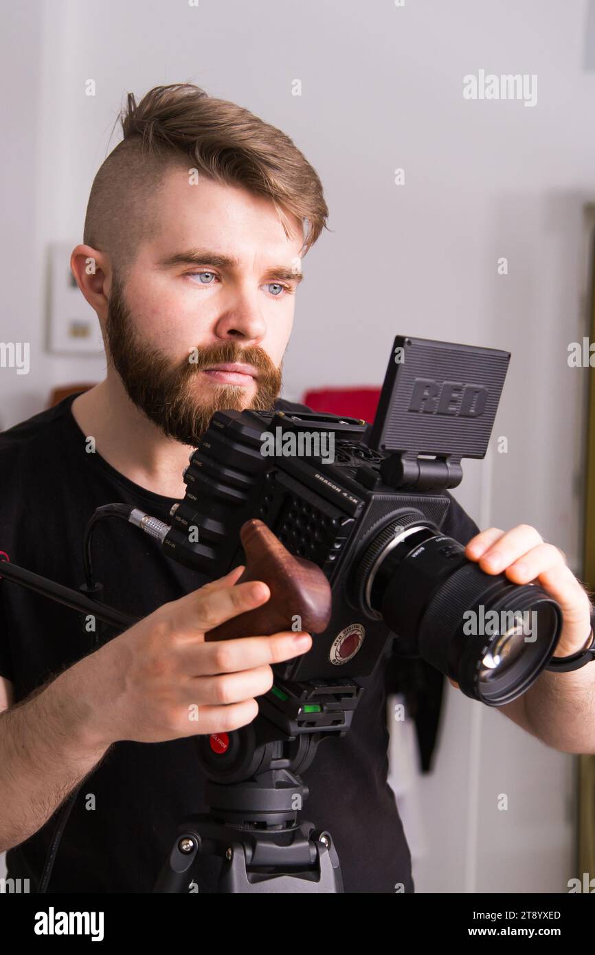 UFA, RUSSIA - 29 FEBRUARY 2020: cameraman works with Red digital cinema cameras. RED is the leading manufacturer of professional digital cinema Stock Photo