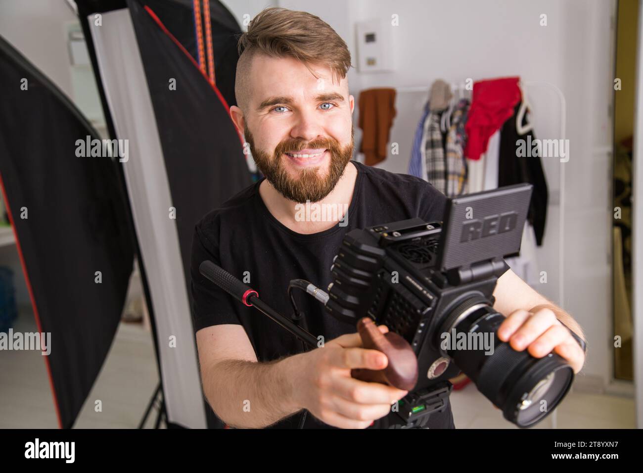 UFA, RUSSIA - 29 FEBRUARY 2020: cameraman works with Red digital cinema cameras. RED is the leading manufacturer of professional digital cinema Stock Photo