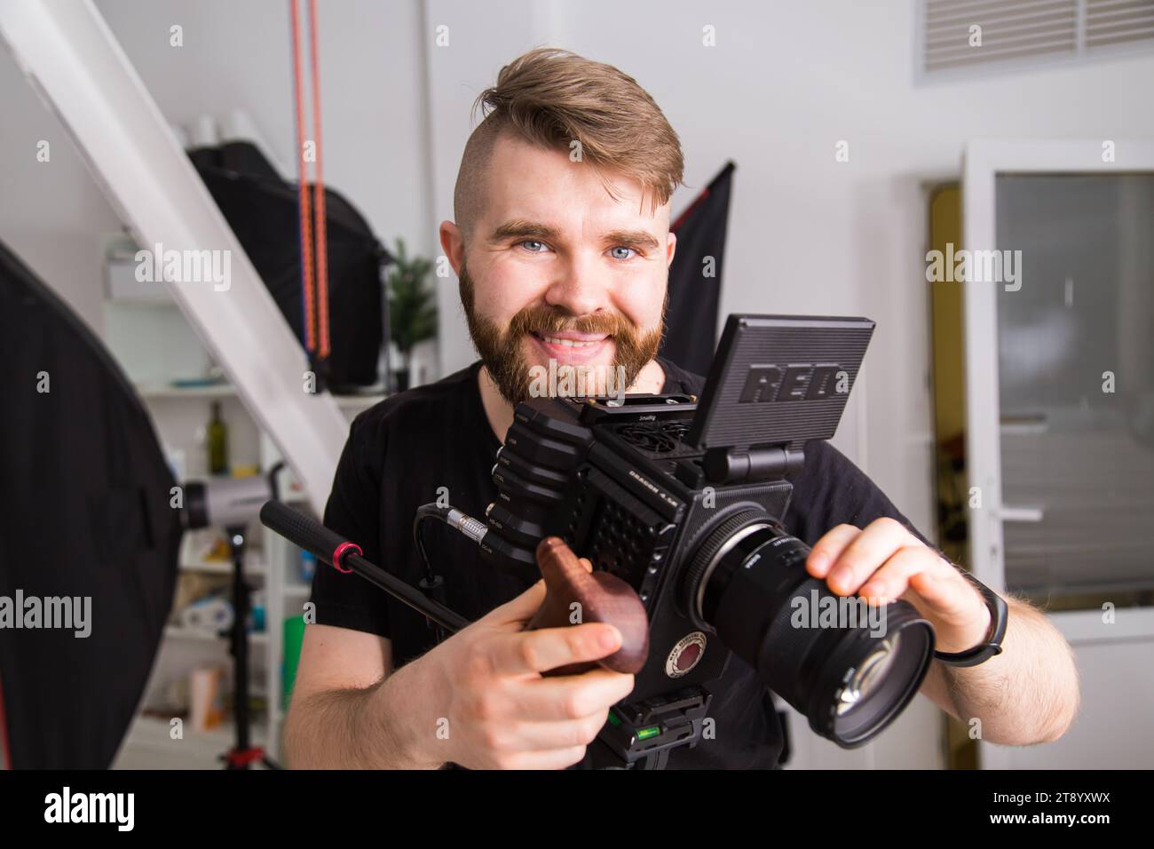 UFA, RUSSIA - 29 FEBRUARY 2020: cameraman works with Red digital cinema cameras. RED is the leading manufacturer of professional digital cinema Stock Photo