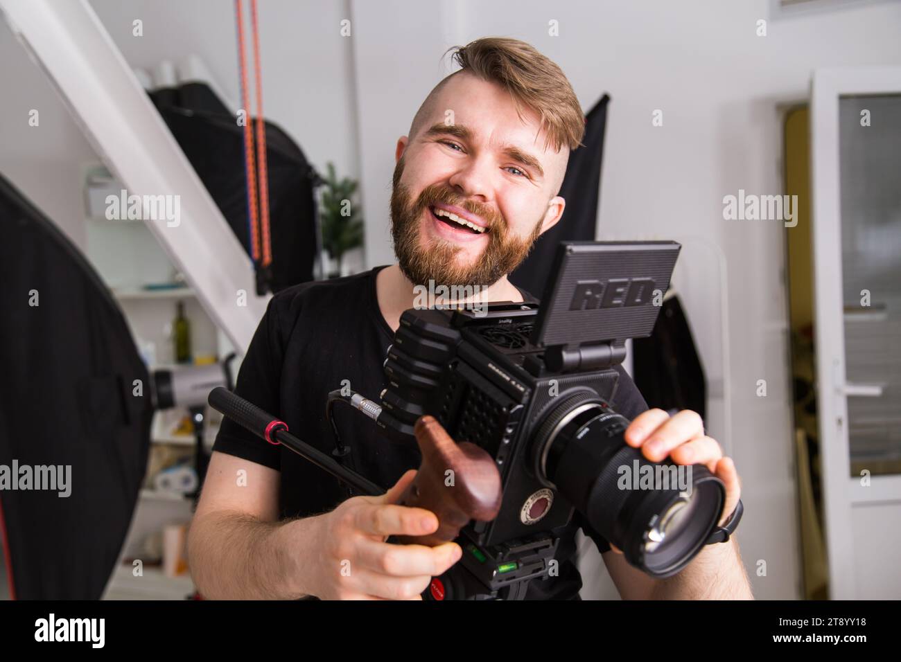 UFA, RUSSIA - 29 FEBRUARY 2020: cameraman works with Red digital cinema cameras. RED is the leading manufacturer of professional digital cinema Stock Photo