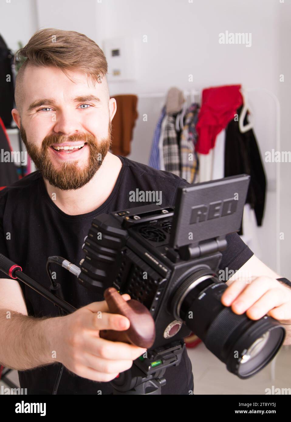 UFA, RUSSIA - 29 FEBRUARY 2020: cameraman works with Red digital cinema cameras. RED is the leading manufacturer of professional digital cinema Stock Photo