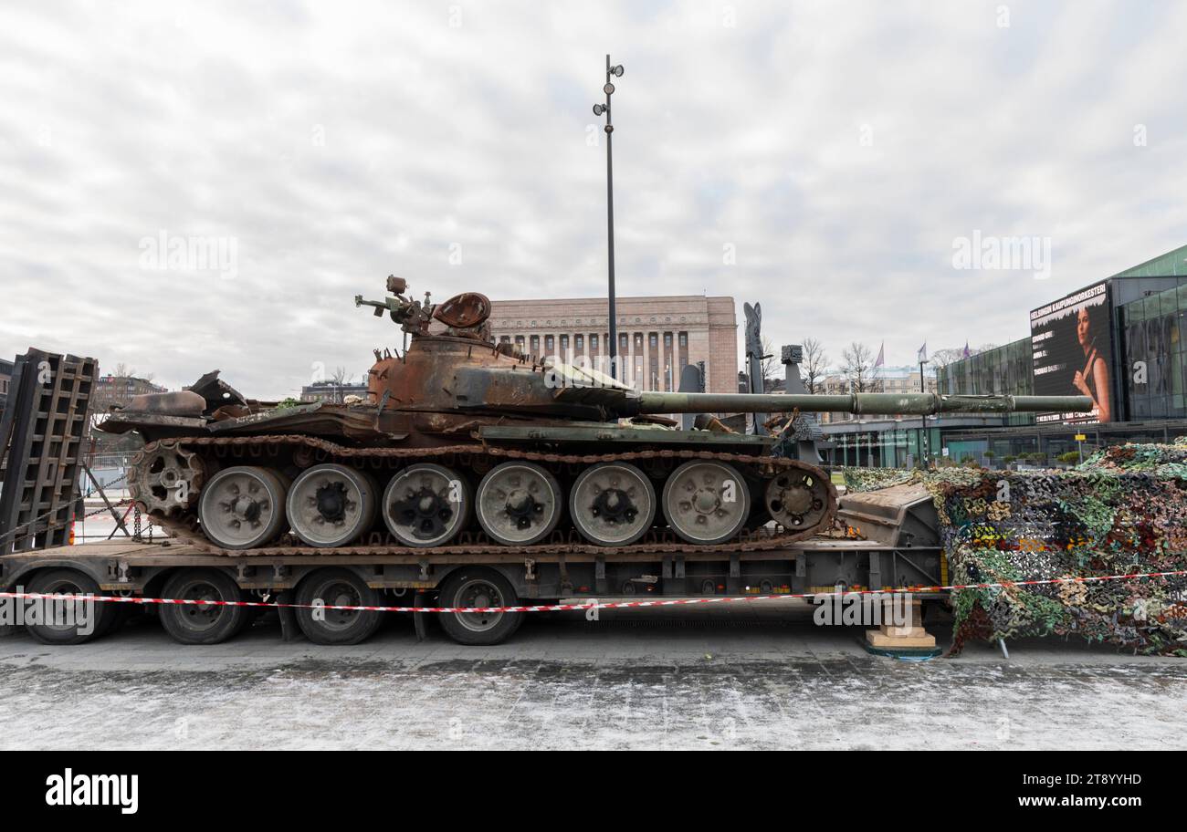 Russian T-72 B3 main battle tank, used in attacking Ukraine in February 2022 until Ukrainians destroyed it near Kiev, on display in Helsinki, Finland. Stock Photo