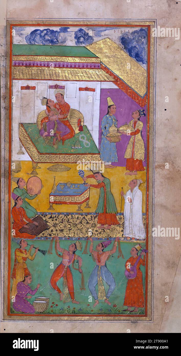 Illuminated Manuscript, Collection of poems (masnavi), A court scene with music, dance, and wine, This is an illustrated and illuminated copy of the collection of poems, known as Mas̱navī-i maʿnavī, of Jalāl al-Dīn Rūmī (d. 672 AH / 1273 CE). According to the colophon, the text, written in black nastaʿlīq script, was completed in India in 1073 AH / 1663 CE. Each section of the work is introduced by a double-page illuminated incipit containing a preface in prose, followed by two illustrations and an illuminated incipit page for the masnavi. In total, fifty paintings illustrate the text Stock Photo