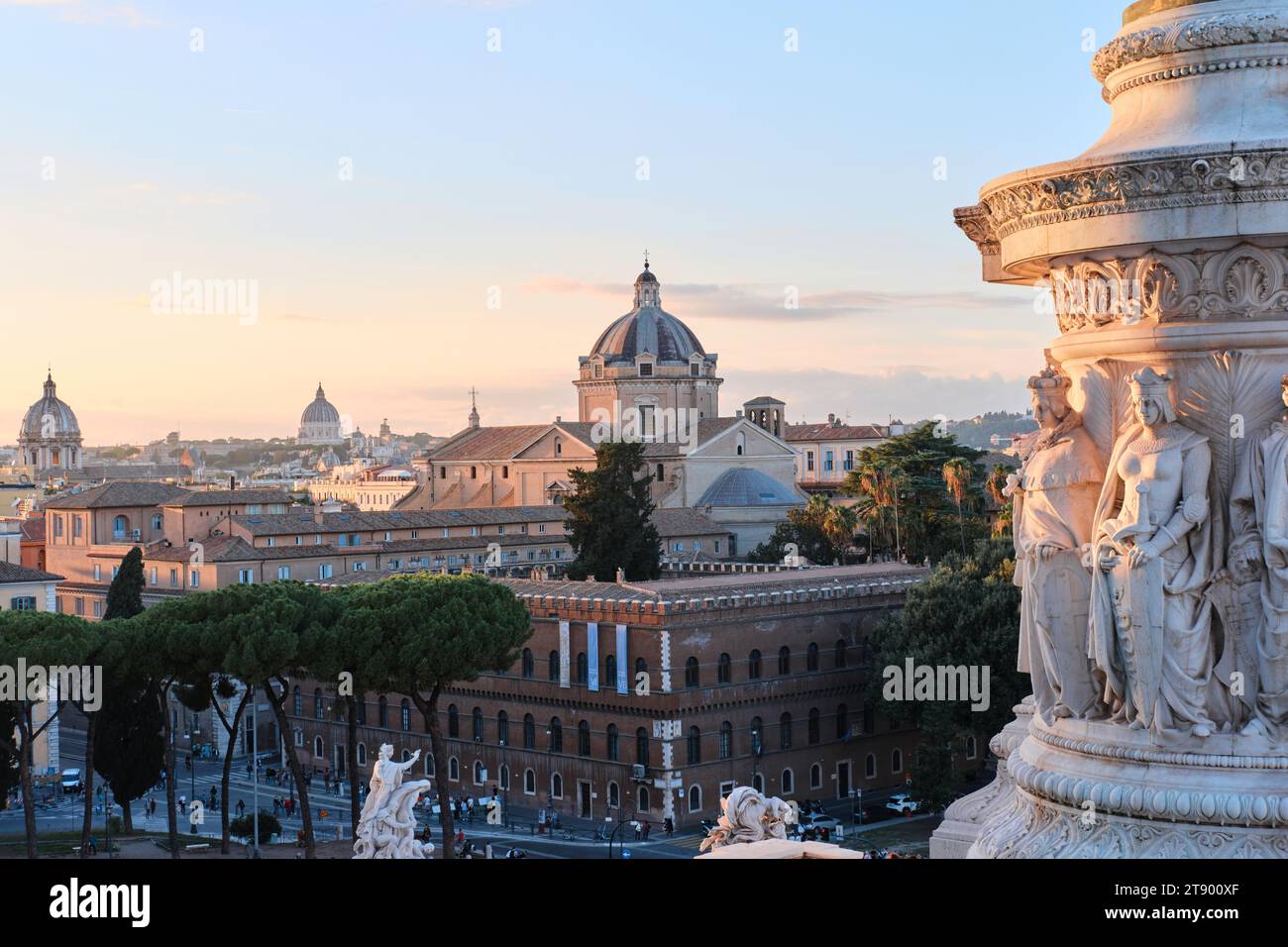 Rome, Italy - October 29 2023: Rome cityscape view and Gesu Church's dome from Monument of Victor Emmanuel II or II Vittoriano at sunset in Piazza Ven Stock Photo