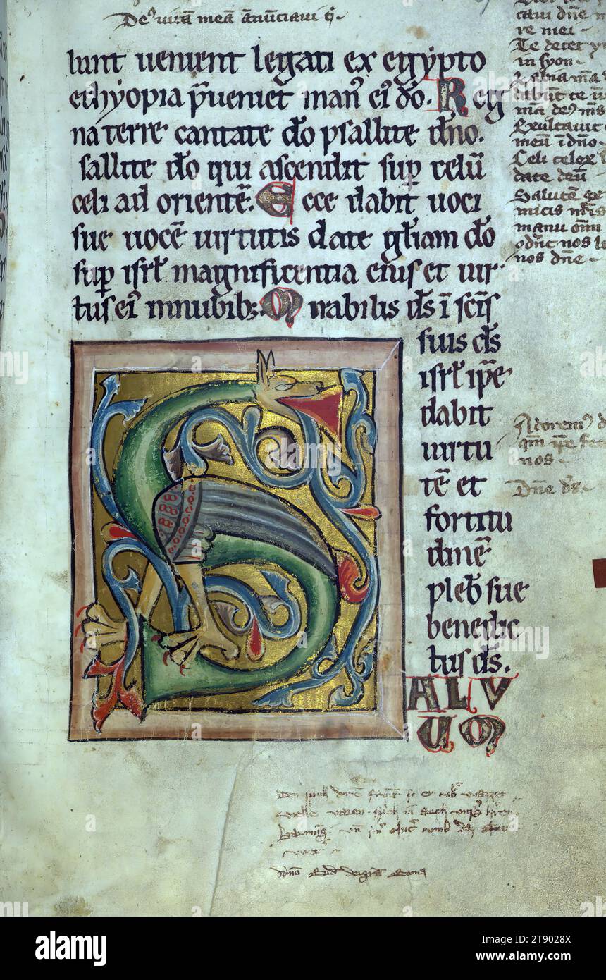 Psalter, Dragon, This psalter was produced in a monastery in the diocese of Augsburg in the mid-thirteenth century, as shown by entries in the calendar and litany. The decoration includes six full-page miniatures, ten historiated initials, and seasonal and zodiac roundels for each month. The text has been supplied with marginal notes throughout in Latin and German, and a fourteenth-century deed discussing property of the Bazth and Ladon families has been included as a flyleaf (ii v Stock Photo