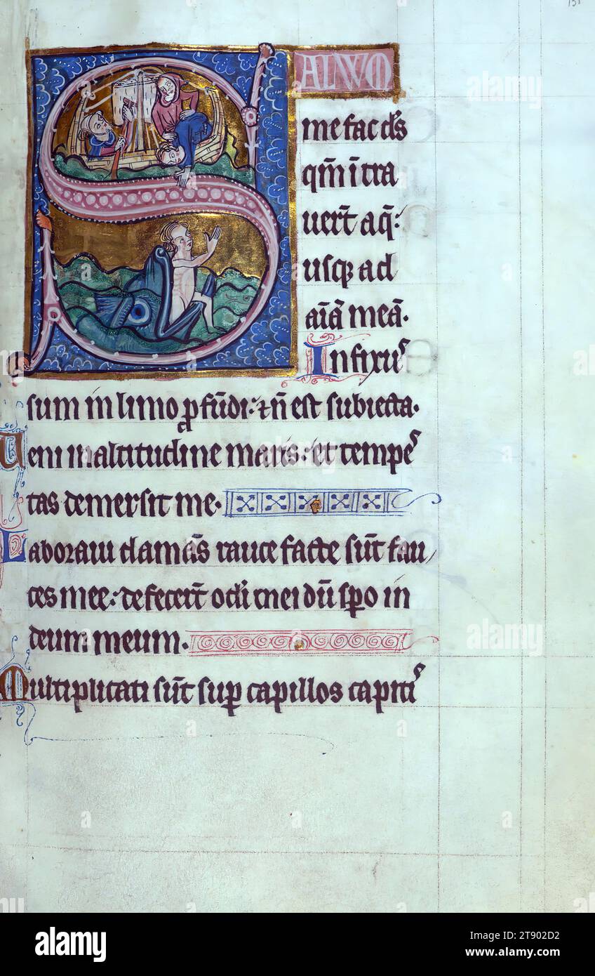 Carrow Psalter, Sailors throw Jonah overboard/Jonah in mouth of whale, This English manuscript was made in East Anglia in the mid-thirteenth-century for a patron with special veneration for St. Olaf, whose life and martyrdom is prominently portrayed in the 'Beatus' initial of Psalm 1. Known as the 'Carrow Psalter,' due to its later use by the nunnery of Carrow near Norwich, it is more accurately described as a Psalter-hours, as it contains the Office of the Dead, the Hours of the Virgin, and Collects Stock Photo