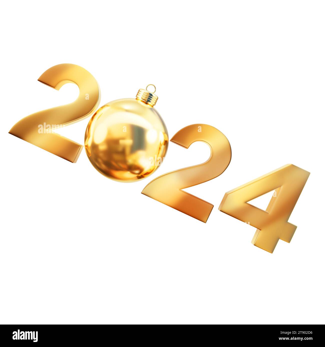 2024 new year golden figures with christmas bauble isolated on white