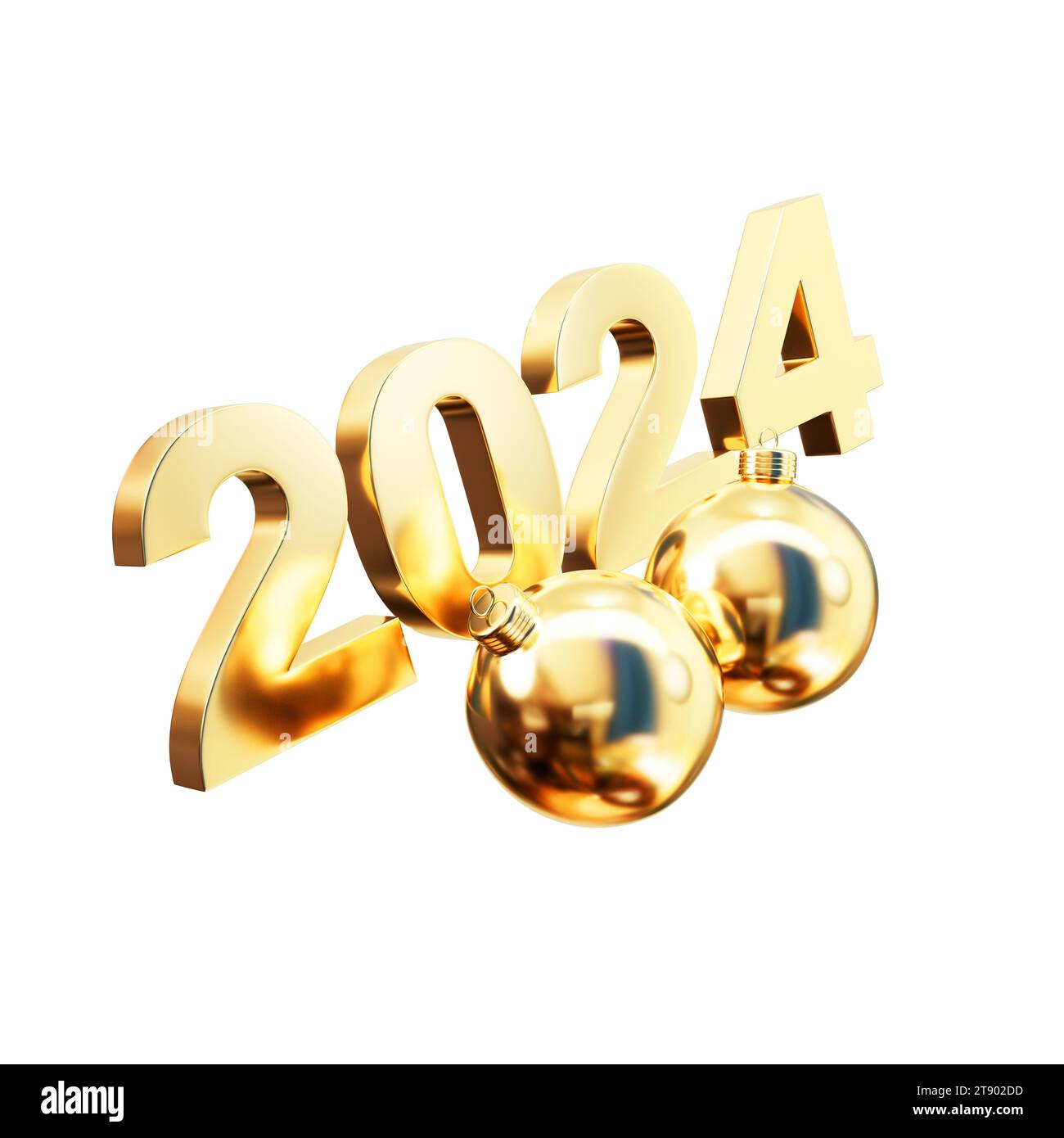 2024 new year golden figures with christmas bauble isolated on white