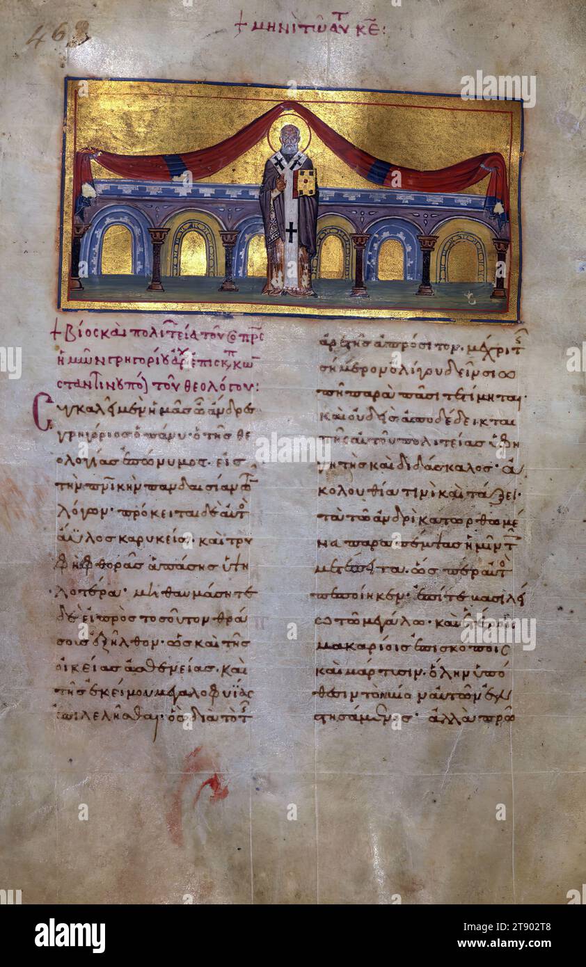 Imperial Menologion, Life and Conduct of Our Holy Father Gregory the Theologian, Archbishop of Constantinople, This manuscript contains the biographies of saints whom the Church commemorates on January 1 through January 31. It was originally part of a set covering the entire year. A companion volume, with texts for March, survives now in Moscow (State Historical Museum, MS Synod. gr. 183). Each chapter in both manuscripts opens with a miniature depicting the death of the respective saint, or less often, another significant event from her or his life Stock Photo