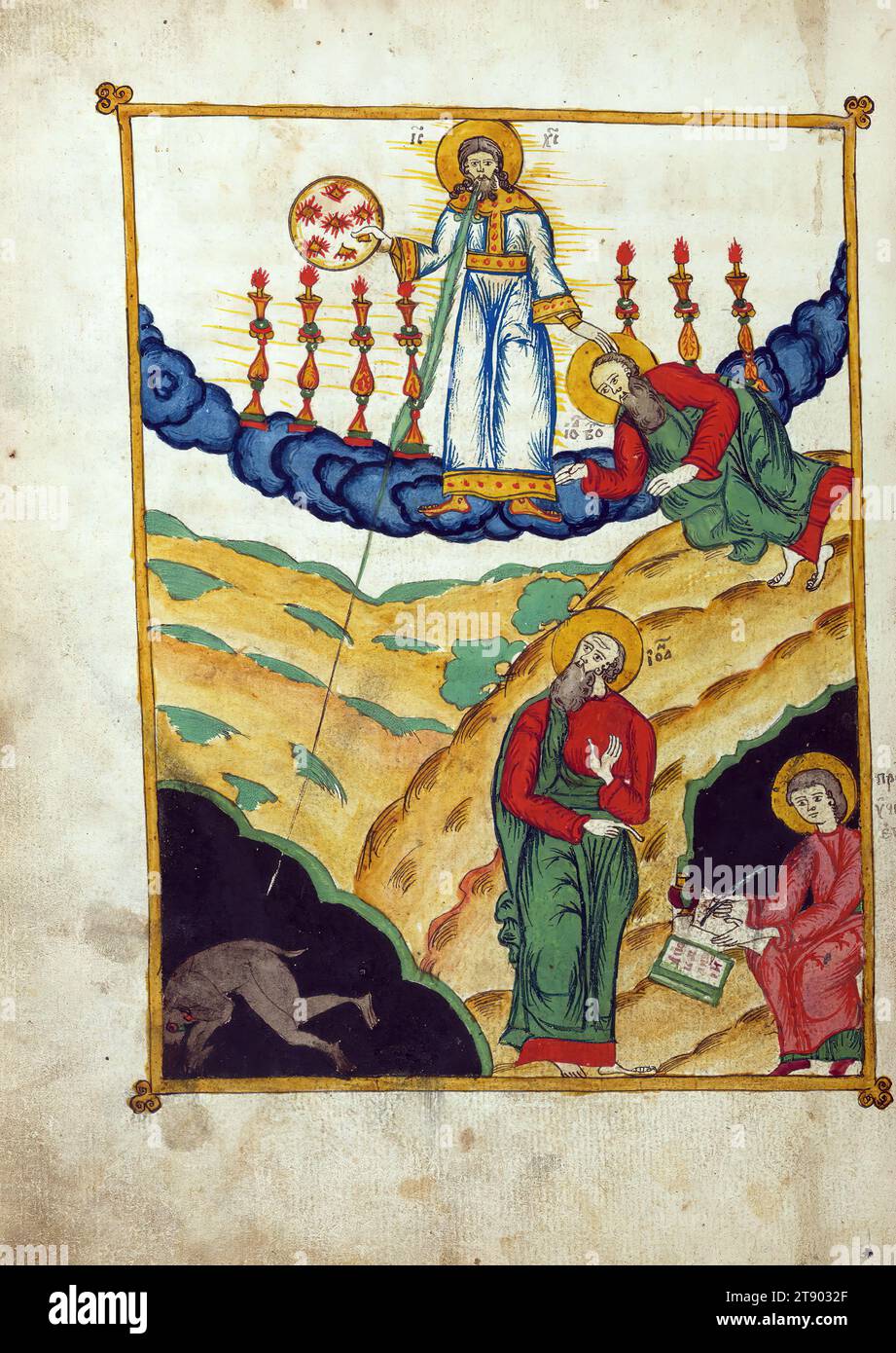 Apocalypse with Patristic commentary, St. John narrates his vision, This manuscript was made around 1800 by the 'Old Believers,' a group of Russian Christians who dissented from the Russian Orthodox Church and were subsequently persecuted and excommunicated. Because their books were often confiscated and they were forbidden to use printing presses, they continued to write important works such as this one by hand Stock Photo