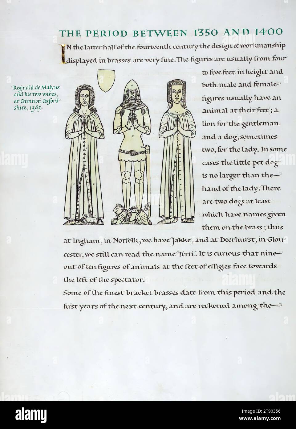 English Brasses, Illustration of Reginald de Malyns and his two wives, at Chinnor, Oxfordshire, 1385, John Woodcock, a twentieth-century calligrapher, hand wrote, illustrated, and bound this book on English Brasses. The manuscript contains drawings of brass rubbings of many knights and nobles, including Sir John d'Abernon, Thomas de Hope, and Nichol de Gore, as well as noble women such as the wives of Reginald de Malyns, Nicholas Wadham, and Nicholas Wotton Stock Photo