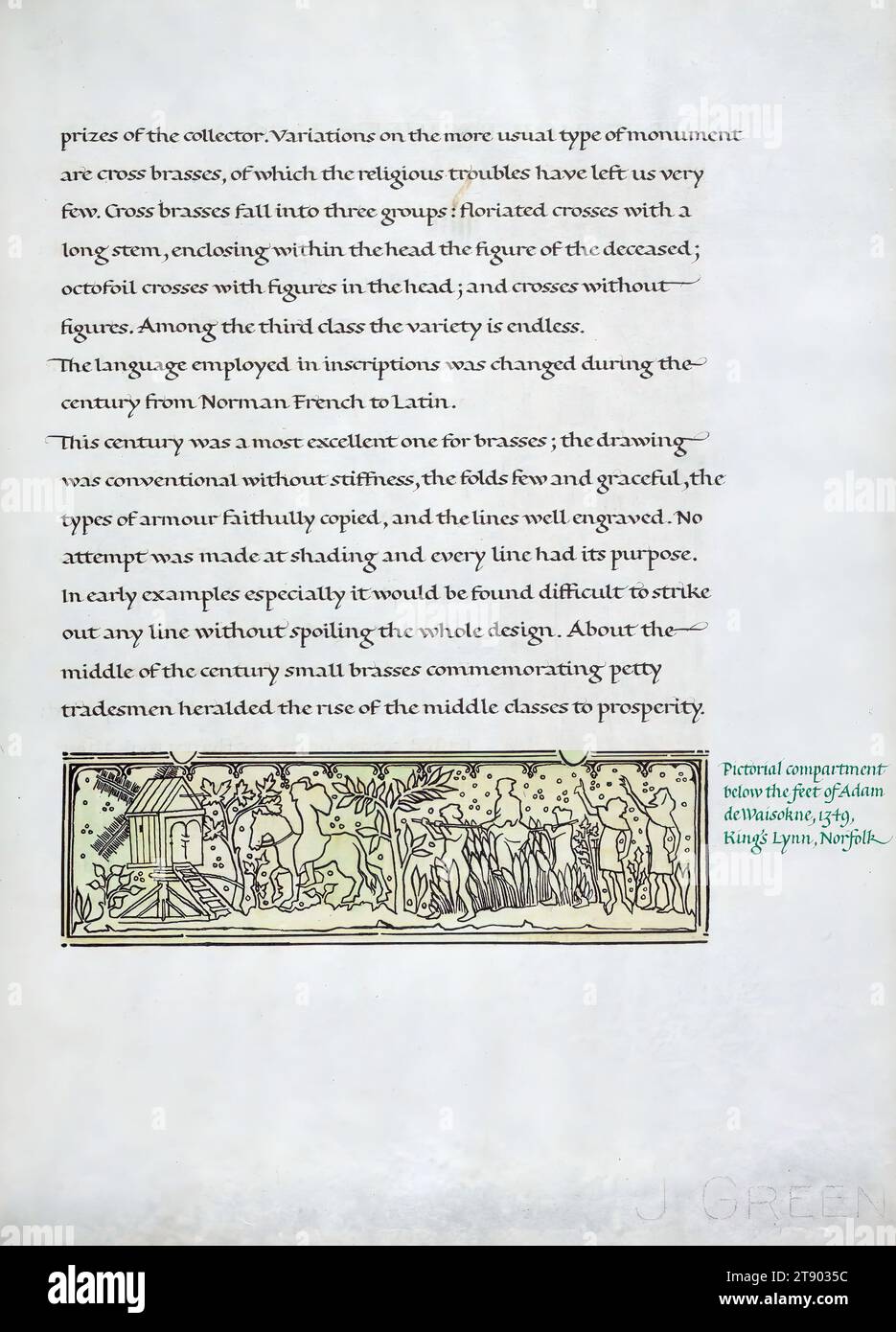 English Brasses, Illustration of the pictorial compartment below the feet of Adam de Waisokne, 1349, King's Lynn, Norfolk, John Woodcock, a twentieth-century calligrapher, hand wrote, illustrated, and bound this book on English Brasses. The manuscript contains drawings of brass rubbings of many knights and nobles, including Sir John d'Abernon, Thomas de Hope, and Nichol de Gore, as well as noble women such as the wives of Reginald de Malyns, Nicholas Wadham, and Nicholas Wotton Stock Photo