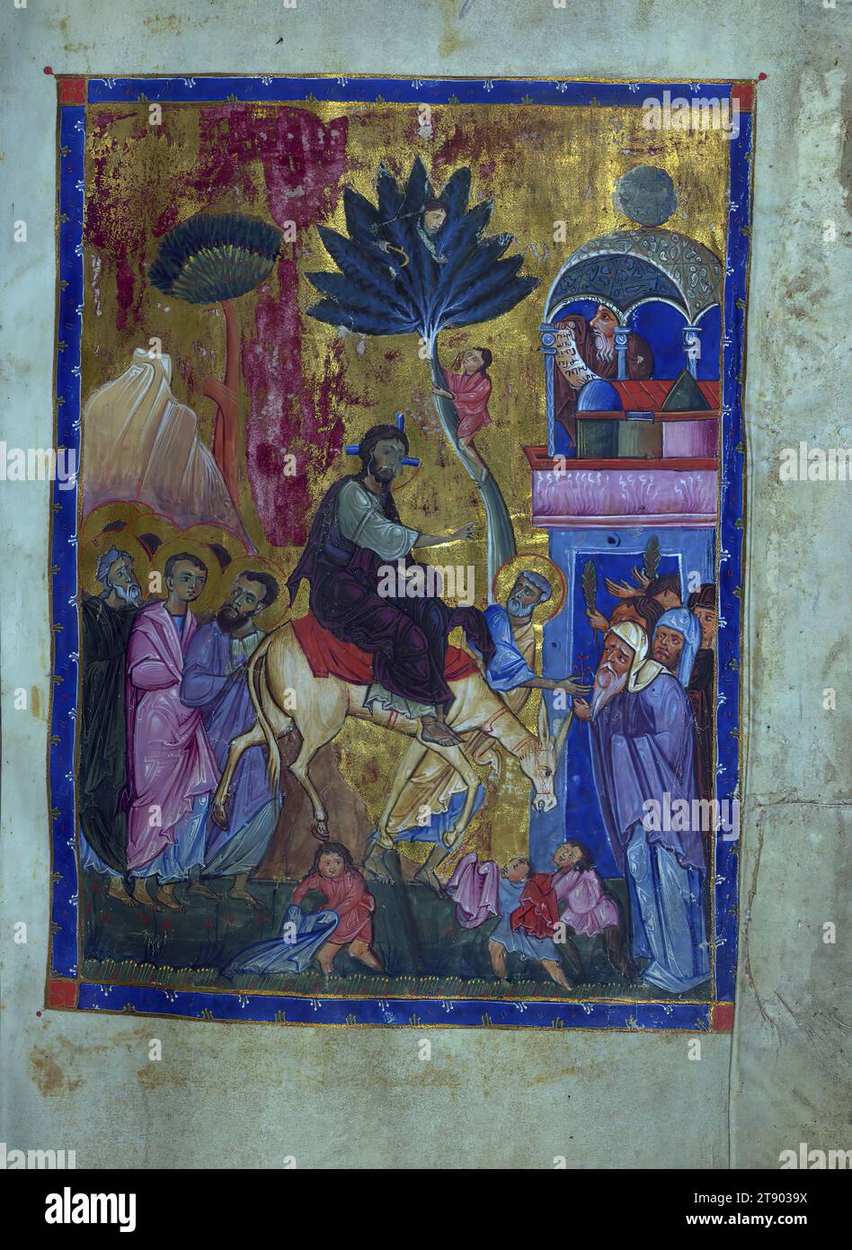 T'oros Roslin Gospels, Entry into Jerusalem, This manuscript was made in 1262 by T’oros Roslin, an extremely prominent illuminator, who extended the range of manuscript illuminations by introducing a whole cycle of images into the gospels rather than, as was traditional, only including the portraits of the evangelists. This particular manuscript was created at the scriptorium of Hromkla, which became the leading artistic center of Armenian Cilicia under the rule of catholicos Constantine I (1221-1267) Stock Photo