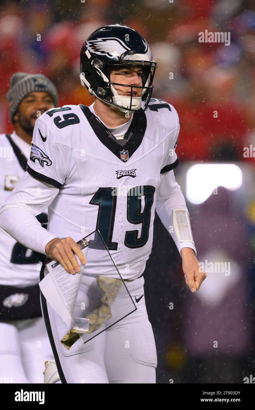 Philadelphia Eagles quarterback Tanner McKee comes onto the field
