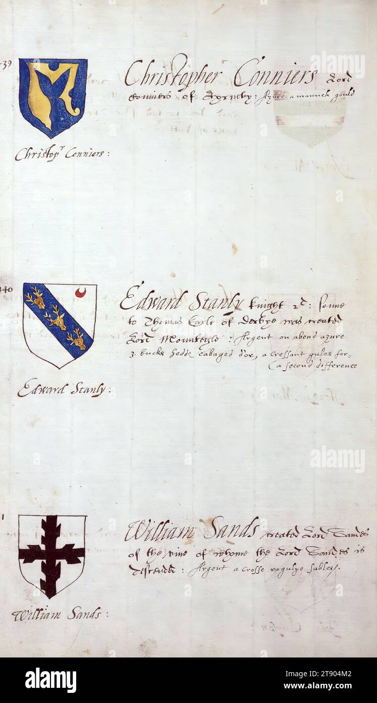 Book of English heraldry, Arms of Christopher Conniers, Edward Stanly, and  William Sands, This book of English heraldry was completed ca. 1589. The  manuscript belonged to the Spencer family, as known through