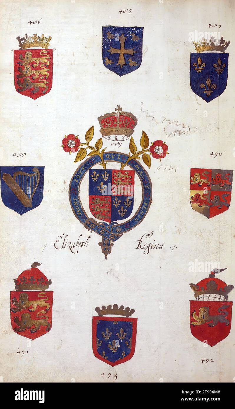 Book of English heraldry, Arms of Elizabeth Regina, This book of English heraldry was completed ca. 1589. The manuscript belonged to the Spencer family, as known through inscriptions on the first few flyleaves, including the motto 'Dieu defende Le Droit' (God defends the right). This motto has long been associated with the Spencer family of England, which is the family line of Princess Diana, as well as the Spencers who were among the founders of Virginia Stock Photo