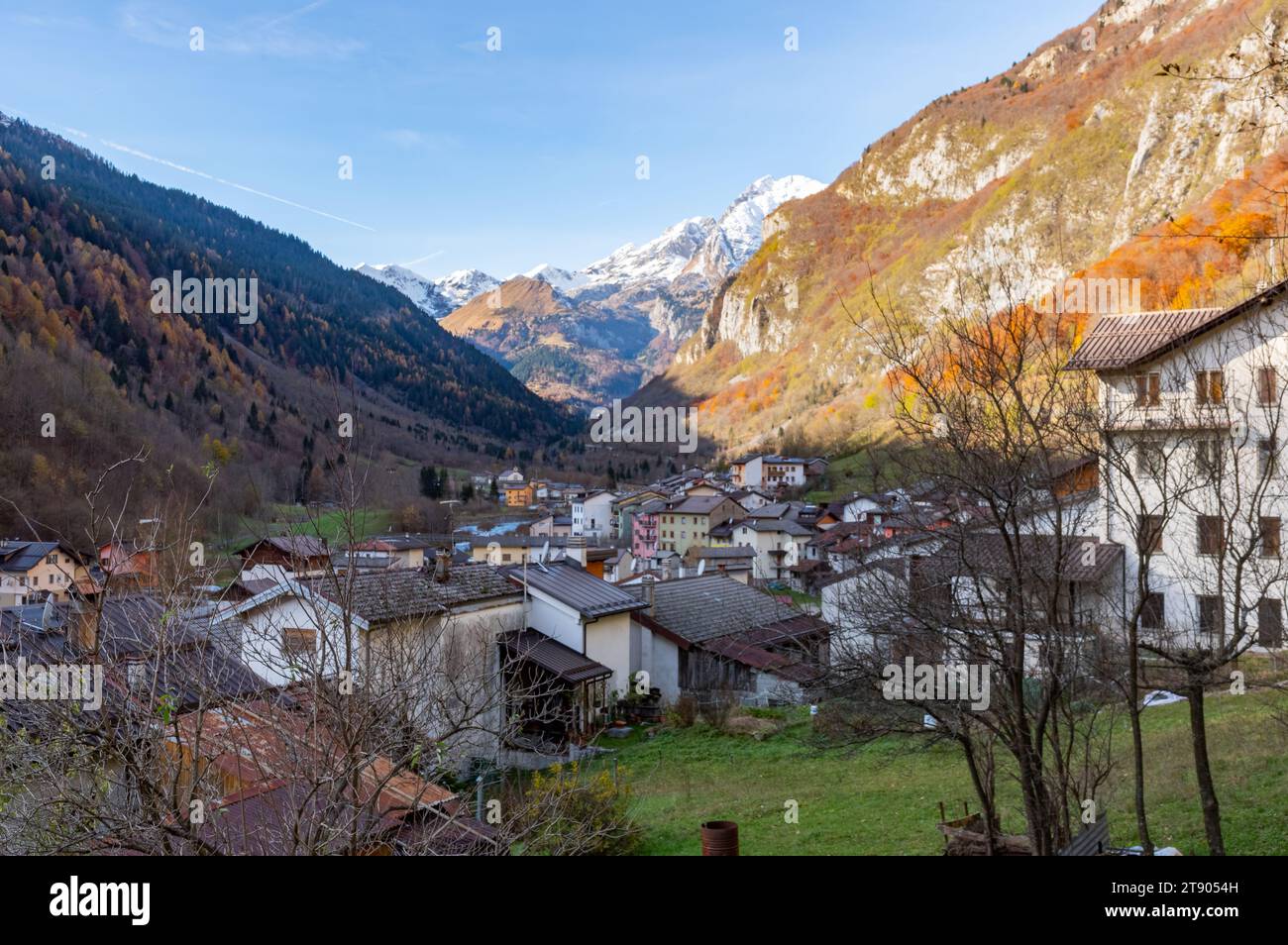 Landscape with the alpine town of Timau (Tischlbong in the germanic local dialect) in the italian region of Friuli towards the border with Austria Stock Photo