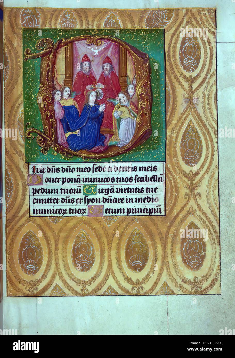 Aussem Hours, Coronation of the Virgin, This early sixteenth-century book of hours was made for the Aussem family in Cologne, Germany, a provenance proclaimed through family heraldry within the manuscript, as well as the arms of Cologne stamped on its original leather binding. Lavishly illuminated throughout with full-page miniatures and historiated initials, the manuscript is just as notable for the marginal decorations that surround the figurative scenes. Illusionistic jewelry, architecture, texts, flowers, and insects abound Stock Photo