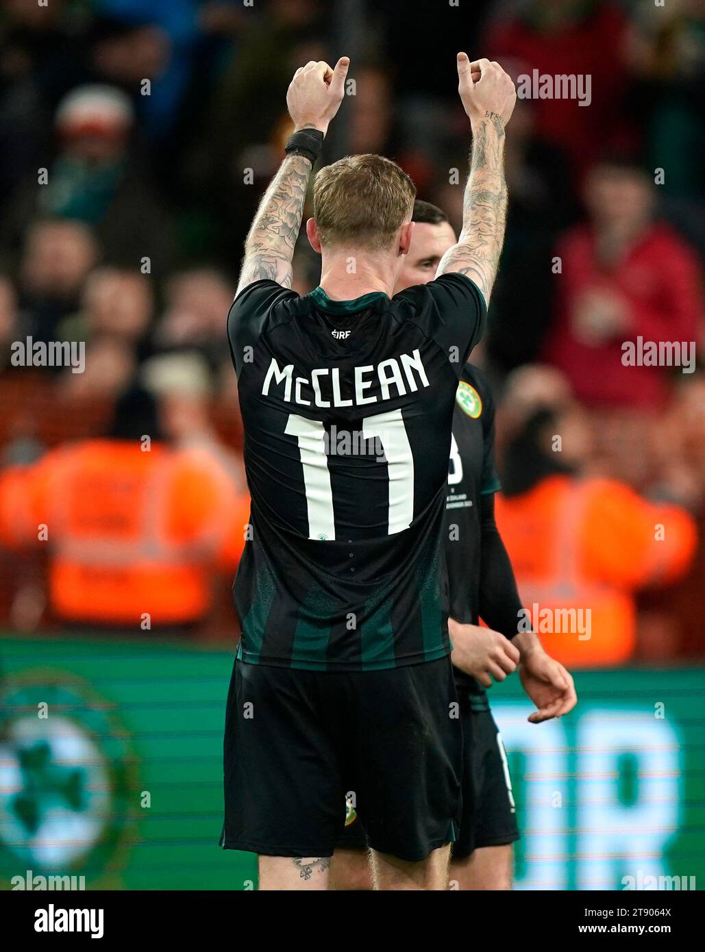 Republic of Ireland's James McClean applauds the fans after the final whistle in an International Friendly match at the Aviva Stadium, Dublin. Picture date: Tuesday November 21, 2023. Stock Photo