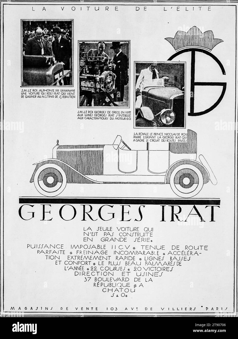 A 1920s advertisement for the elite Georges Irat automobile featuring black and white images and illustrations. Stock Photo