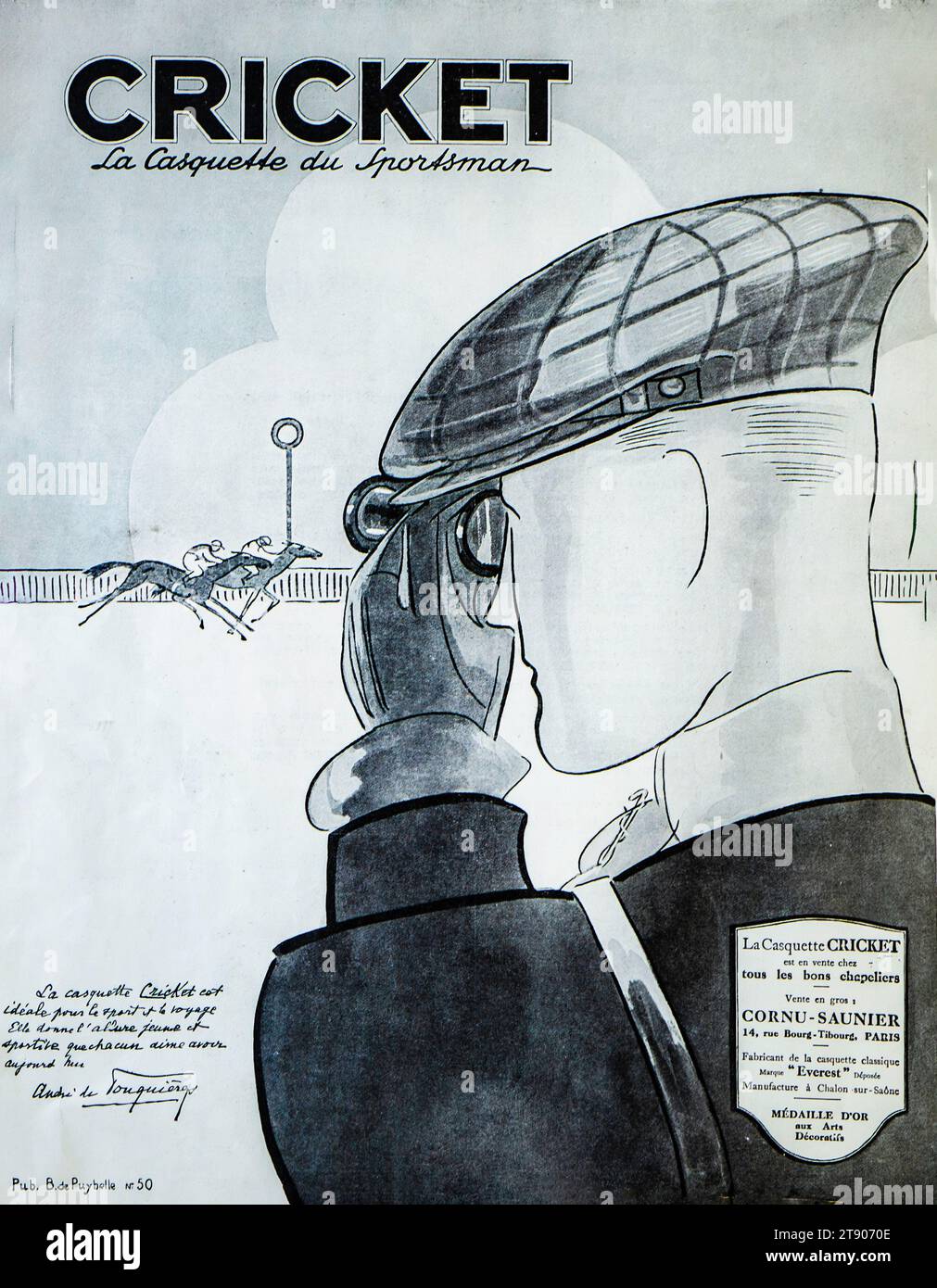 1920s French ad for Cricket sports caps, depicting a profile view of a sportsman wearing the cap Stock Photo