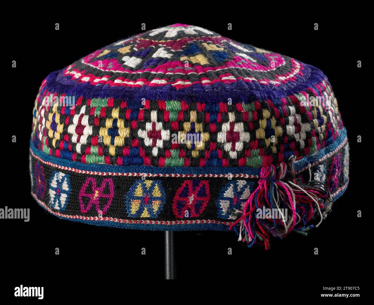 Hat, 20th century, 4 5/16 x 7 1/2 x 6 5/16 in. (10.95 x 19.05 x 16.03 cm) (without back pompon), Cotton; needlework, Uzbekistan, 20th century Stock Photo