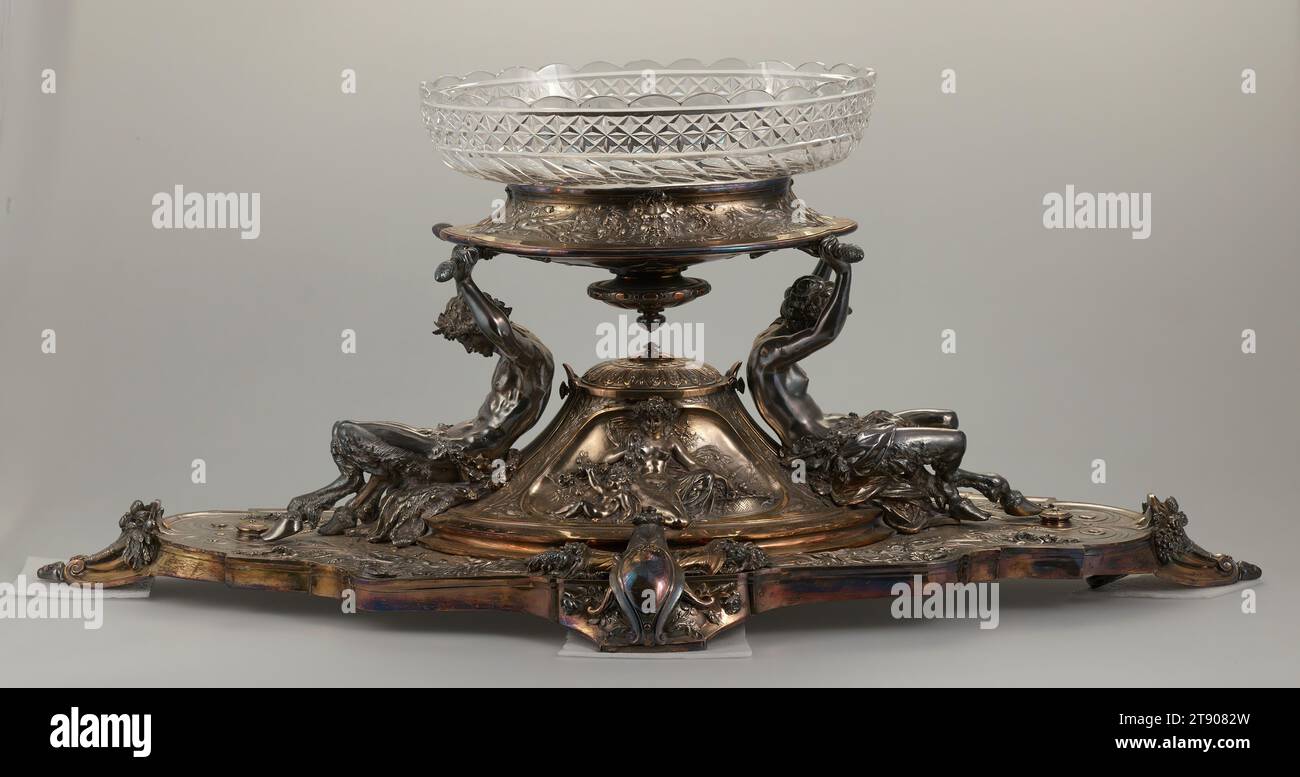 Bowl and stand from the 'Summer' centerpiece, c. 1864, Léonard Morel Ladeuil; Artist: Elkington and Co., British, founded 1836, H.14-1/2 x W.35 x D.15-1/2 in. (overall), Electroplated metal, gilt, glass (replaced), England, 19th century Stock Photo