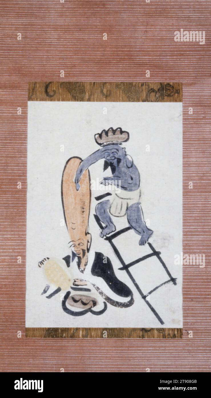 Shaving Fukurokuju from a Ladder, 17th-18th century, Unknown Japanese, 12 1/4 x 8 1/2 in. (31.12 x 21.59 cm), Hanging scroll; ink and color on paper, Japan, 17th-18th century Stock Photo