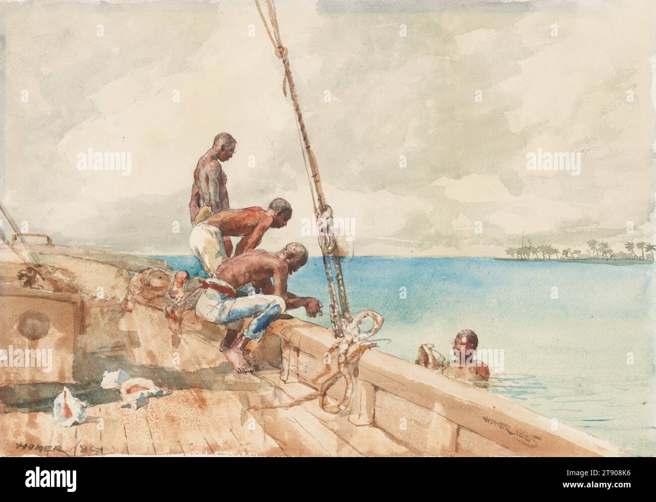 The Conch Divers, 1885, Winslow Homer, American, 1836–1910, 13 13/16 x 20 in. (35.1 x 50.8cm)23 9/16 × 29 5/8 × 1 13/16 in. (59.85 × 75.25 × 4.6 cm) (outer frame), Watercolor, blotting, lifting, and scraping, over graphite on ivory paper, United States, 19th century, The New England painter Winslow Homer accepted an assignment in 1884 from Century magazine to illustrate an article on Nassau titled 'A Midwinter Resort.' The trip inspired more than thirty watercolors, including this one. The startling intensity of the light, combined with a newcomer’s delight and an illustrator’s eye Stock Photo