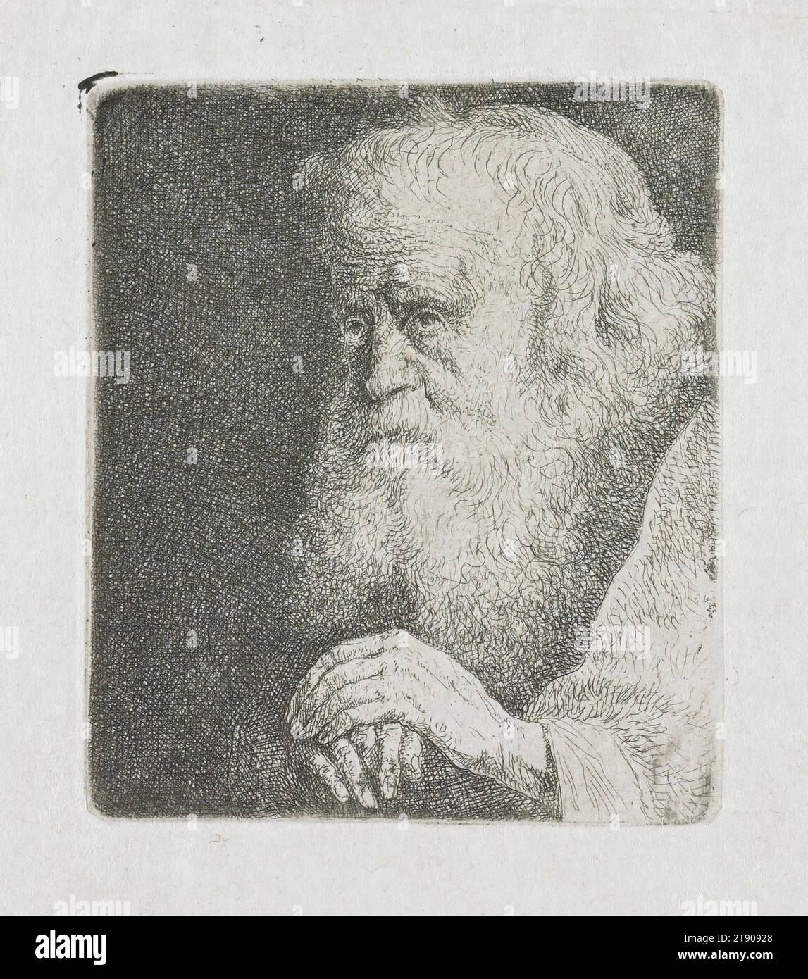 Half-Length of Man with White Beard, 1774-1789, Jean-Pierre Norblin de la Gourdaine, Polish, (born France), 1745–1830, 2 3/8 x 2 1/16 in. (6.1 x 5.2 cm) (image)3 1/8 x 2 3/4 in. (8 x 7 cm) (sheet), Etching, Poland, 18th century, Jean-Pierre Norblin de la Gourdaine was a French painter and printmaker active in Poland in the late 18th century. Norblin's charming miniature etchings, representing mostly male heads, street sellers, and vagabonds, reflect both in subject and technique the profound influence of Rembrandt's prints. Stock Photo