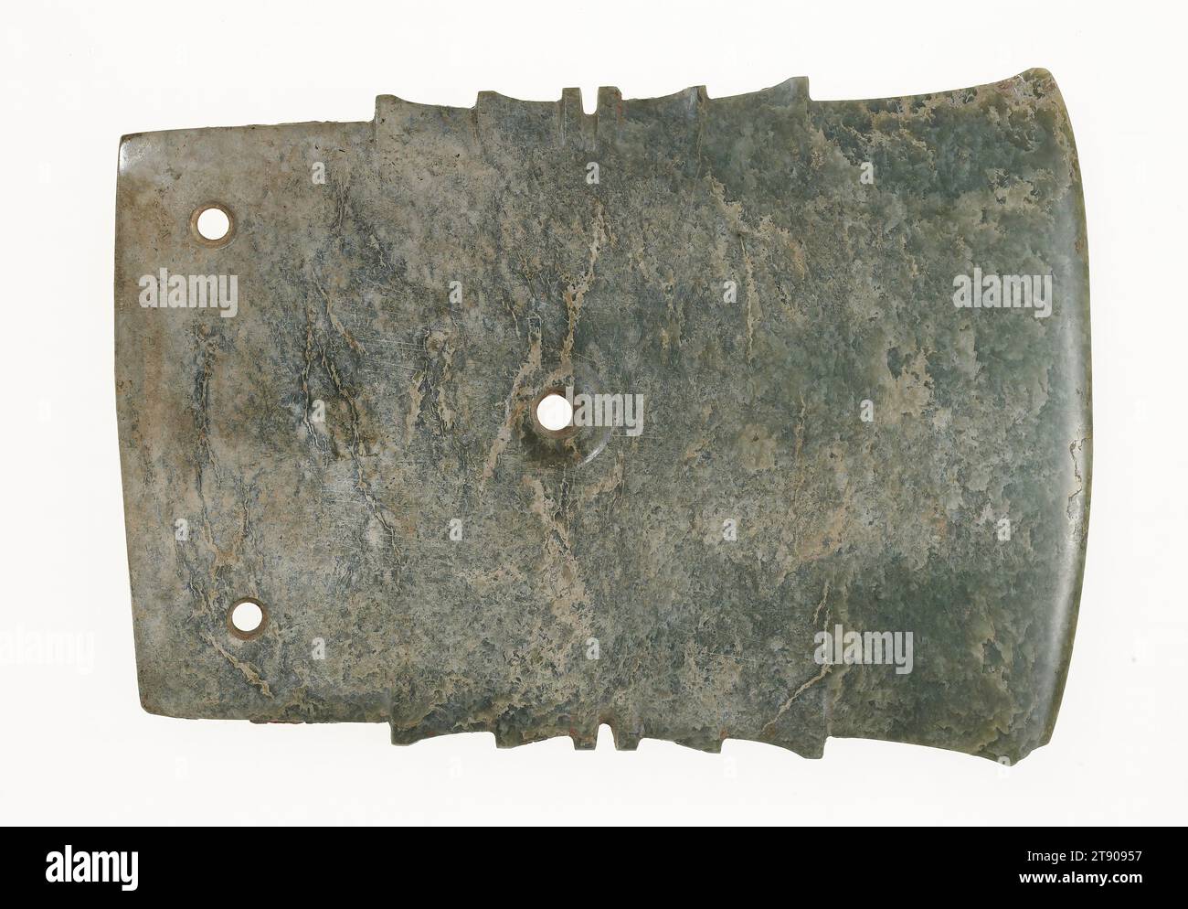 Flat Ji Axe, 1600-1100 BCE, 6 15/16 x 4 7/8 x 3/8 in. (17.62 x 12.38 x 0.95 cm), Mottled grey-green jade with traces of red pigment, China, 16th-11th century BCE Stock Photo