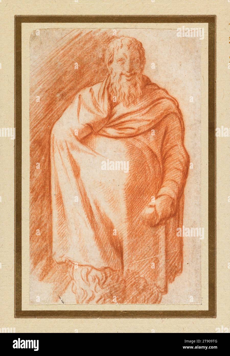 Study of a Statue of Pan, 1520s, Attributed to Polidoro da Caravaggio, Italian, c. 1500-1543, 5 3/4 x 3 9/16 in. (14.61 x 9.05 cm) (sheet)9 7/8 x 7 3/8 in. (25.08 x 18.73 cm) (mount), Red chalk on cream paper, Italy, 16th century Stock Photo