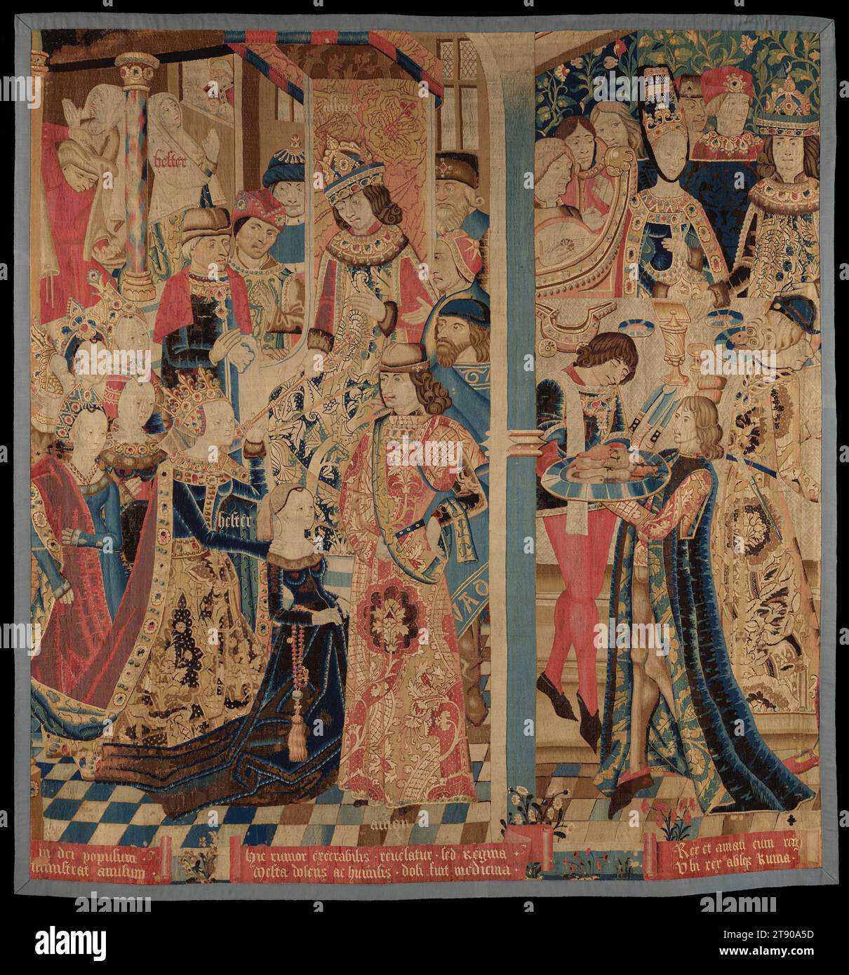 Esther and Ahasuerus, c. 1460-1485, 134 3/4 x 128 in. (342.27 x 325.12 cm) (irregular), Wool, silk; tapestry weave, Flanders, 15th century, This tapestry depicts several scenes from the Old Testament story of Esther. A beautiful young Jewish woman, Esther, was the queen of King Ahasuerus of Persia. When the king’s chief advisor, Haman, ordered all the Jews in Persia killed, Esther appealed to the king. At the left, Ahasuerus receives Esther and agrees to attend a banquet she has prepared. At the banquet (right), Esther asks Ahasuerus, who had not known she was Jewish, to spare her people. Stock Photo
