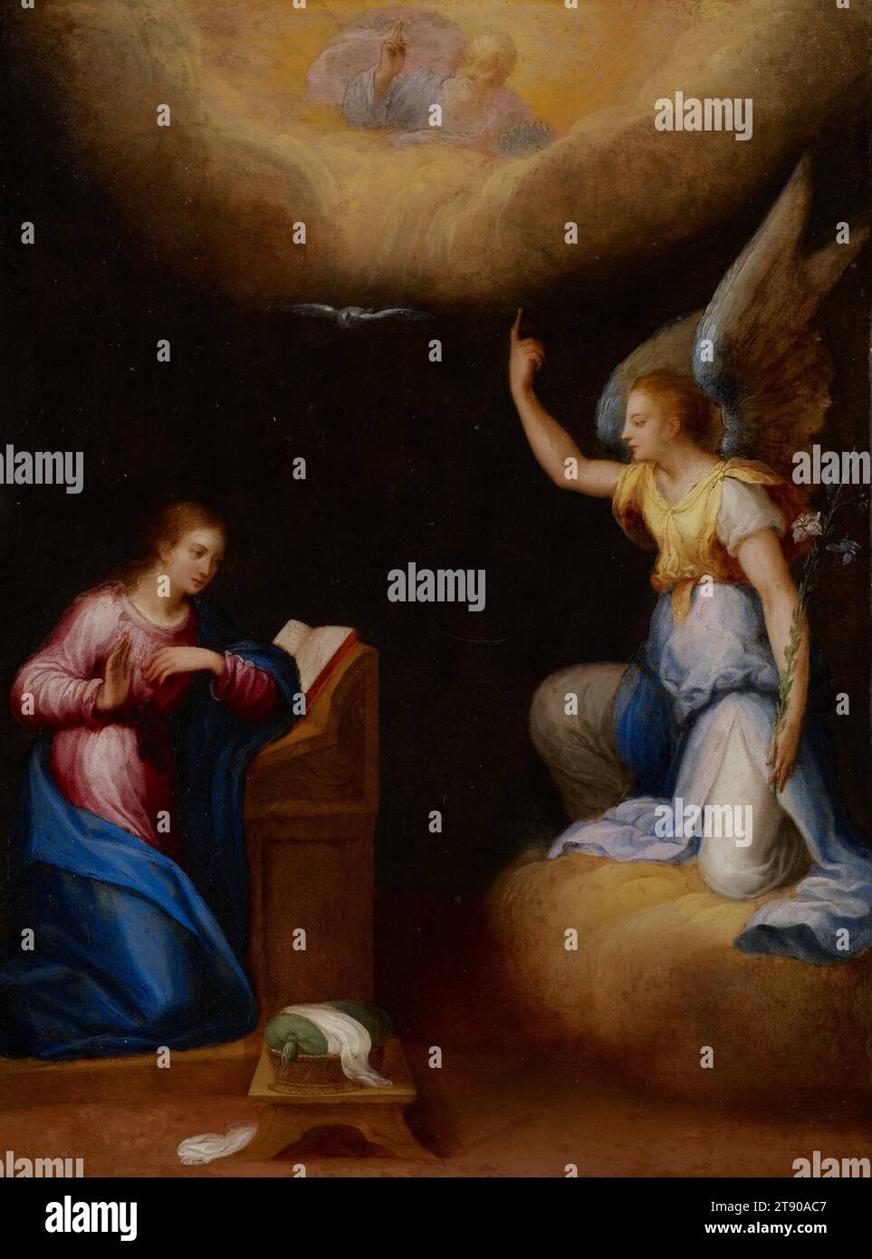 Annunciation, c. 1610-1615, Hans (or Johann) Rottenhammer I, German, 1564-1625, 9 1/4 x 7 in. (23.5 x 17.78 cm)14 1/2 x 12 1/8 in. (36.83 x 30.8 cm) (outer frame), Oil on copper, Germany, 17th century, Rottenhammer was born in Munich. By 1591 he had made his way to Rome, where he became quite successful at painting devotional and allegorical images on copper, often in collaboration with the Flemish landscape painters Jan Breughel I (1568-1625) and Paul Bril (1554-1626). In 1596 he settled in Venice for a decade, and by 1606, he was permanently residing in Augsburg Stock Photo