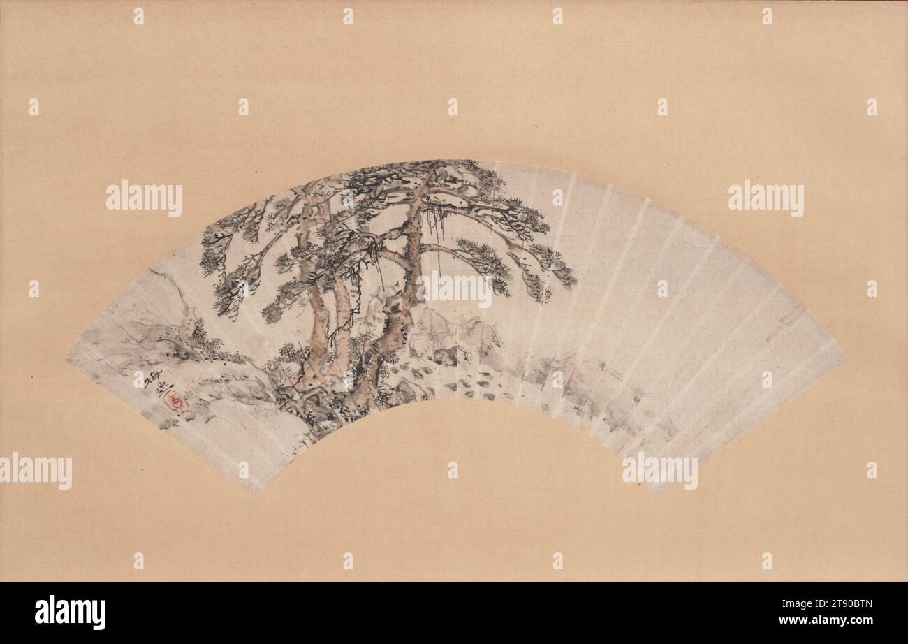Pines, first half 19th century, Yamamoto Baiitsu, Japanese, 1783 - 1856, 7 15/16 × 18 in. (20.16 × 45.72 cm) (image)44 1/8 × 26 9/16 in. (112.08 × 67.47 cm) (mount, without roller), Ink and color on mica paper, Japan, 19th century Stock Photo