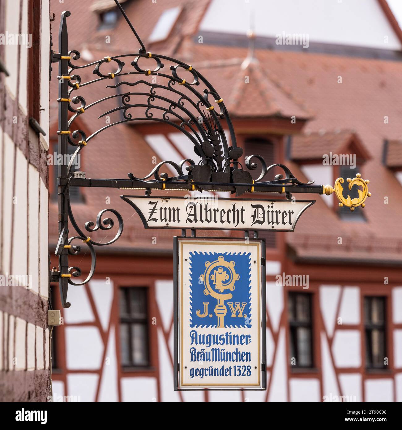 Detail of Zum Albrecht Durer Restaurant Sign from the Aussicht vom Olberg Viewpoint, Tiergartnertorplatz, Old Town, Nuremberg, Germany Stock Photo