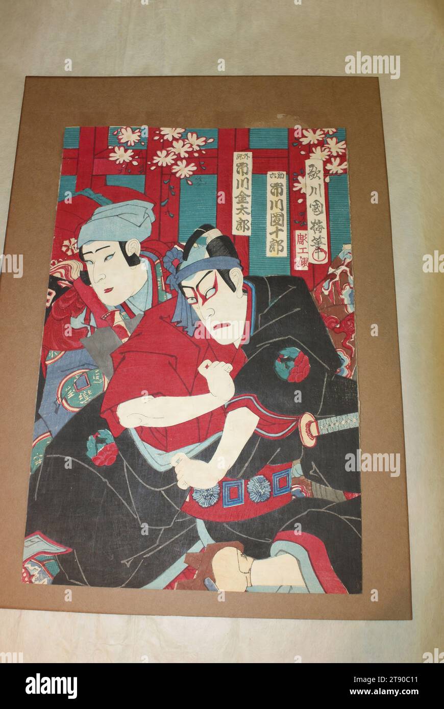 Center sheet of a kabuki triptych, 1884, Utagawa Kuniume, Japanese, 1866 - 1903, 13 9/16 × 8 7/8 in. (34.45 × 22.54 cm) (ōban), Woodblock print (nishiki-e); ink and color on paper, Japan, 19th century Stock Photo