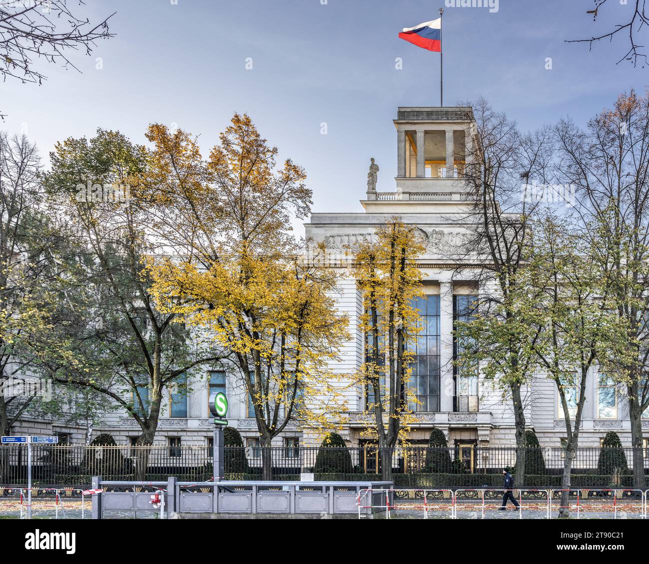 Russian Federation Embassy behind Stanchions on Unter den Linden, Berlin, Germany Stock Photo