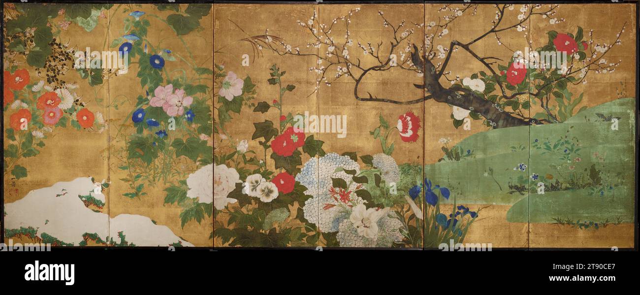 Flowers of the Four Seasons, early 19th century, Saitō Ippo, Japanese, 19th century, 36 3/4 × 94 1/8 in. (93.35 × 239.08 cm) (image)37 7/8 × 95 1/2 × 9/16 in. (96.2 × 242.57 × 1.43 cm), Ink and color on gold leaf, Japan, 19th century, On this single six-panel screen, the flowers of the four seasons bloom in confused disarray. The rightmost panel starts with spring flowers: dandelions, violets, nanohana, white camellias, then plum. At about the center of the screen, irises, hydrangea, hollyhocks, peonies, hibiscus, and morning glories represent summer. The leftmost panel shows autumn and winter Stock Photo