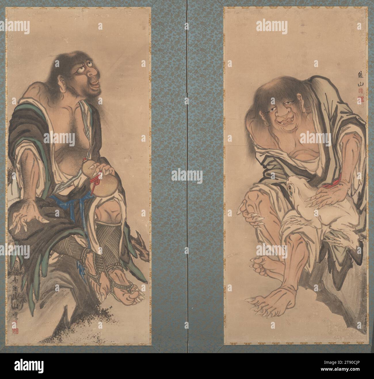 The Immortals Gama Sennin and Tekkai Sennin, early 19th century, Kuroda Ryōzan, Japanese, 1755 - 1814, 52 3/4 × 22 5/16 in. (133.99 × 56.67 cm) (image, L screen)52 13/16 × 22 5/16 in. (134.14 × 56.67 cm) (image, R screen)66 3/4 × 69 5/8 × 11/16 in. (169.55 × 176.85 × 1.75 cm) (mount), Two-panel folding screen; ink and light colors on paper, Japan, 19th century, This two-panel screen depicts the Daoist immortals, Gama Sennin (Chin. Liu Hai) and Tekkai Sennin (Chin. Li Tieguai). The two were often paired in Japanese and Chinese art because of their corresponding supernatural powers. Stock Photo