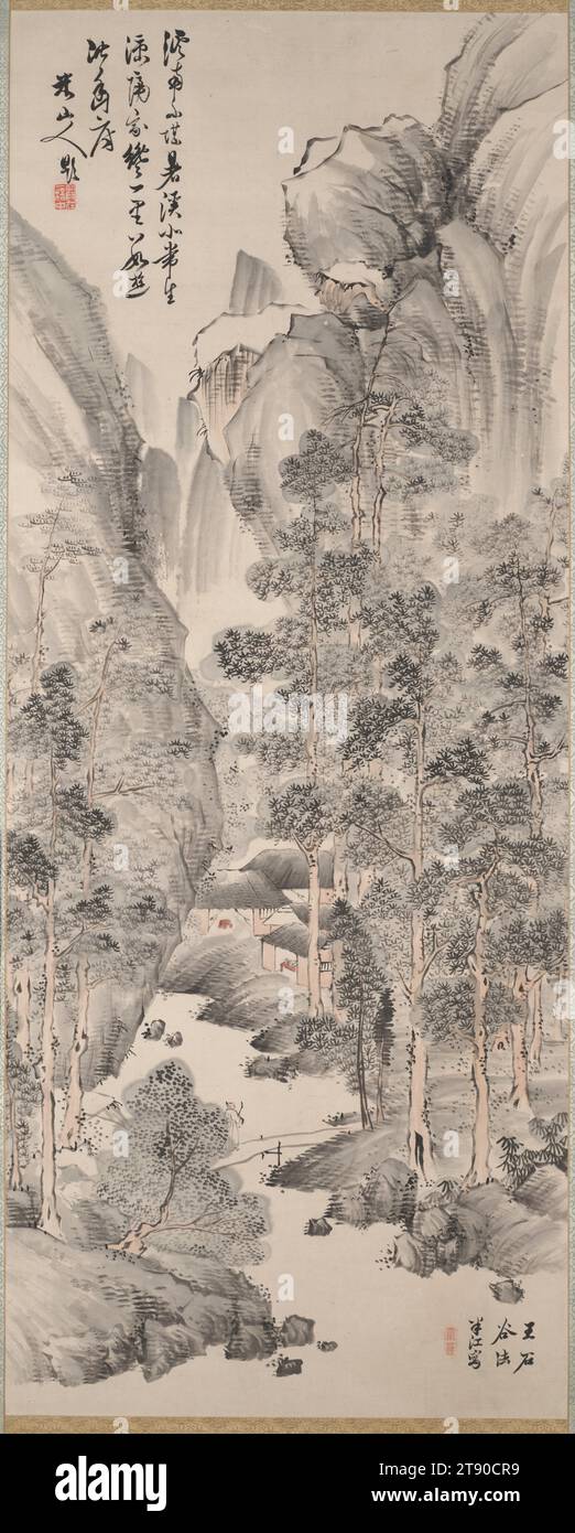 Landscape with Pines in the Manner of Wang Hui, first half 19th century, Okada Hankō, Japanese, 1782 - 1846, 52 3/8 × 20 7/8 in. (133.03 × 53.02 cm) (image)82 3/8 × 27 7/8 in. (209.23 × 70.8 cm) (mount, without roller), Ink and light colors on paper, Japan, 19th century, The painting is by Okada Hankō, who was one of the third generation of Nanga artist, and the calligraphy on the upper left is by Hankō’s father, Okada Beisanjin, who a Nanga painter and scholar in Chinese classics. His father, literati artist Okada Beisanjin painted more eccentric works that broke away from the Chinese model Stock Photo