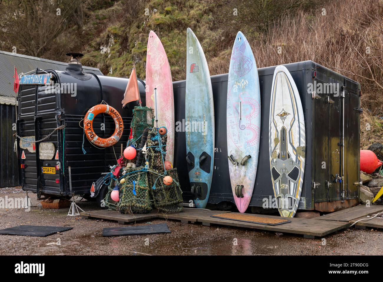 21 November 2023.Stonehaven Harbour,Aberdeenshire,Scotland. This is Paddleboards on display at Stonehaven Harbour on a winter afternoon. Stock Photo