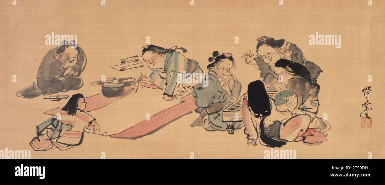 Seven Otafukus, 1870s-1880s, Kawanabe Kyōsai, Japanese, 1831 - 1889, 13 7/16 × 32 1/2 in. (34.13 × 82.55 cm) (image)56 7/16 × 38 1/16 in. (143.35 × 96.68 cm) (mount, without roller), Ink and color on silk, Japan, 19th century, Kawanabe Kyōsai was one of the most versatile and talented artists in the late nineteenth century. Born in 1831 in Koga, Kyōsai first became a pupil of the ukiyo-e artist Utagawa Kuniyoshi (1796-1861) at the age of six. After ten years with Kuniyoshi, he moved on to study the orthodox style of the Kanō school. In 1852, he left the Kanō school Stock Photo